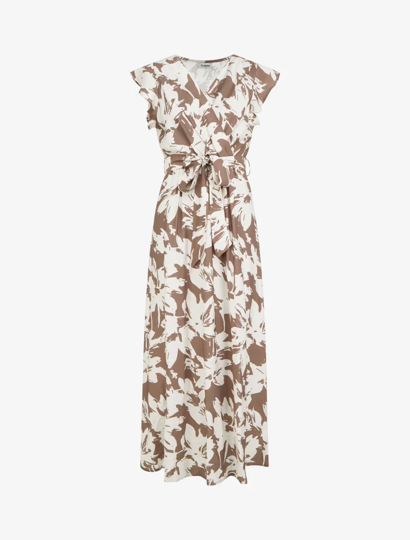 Langes Kleid mit tropischem Blumenmuster und kurzen Ärmeln - Braun