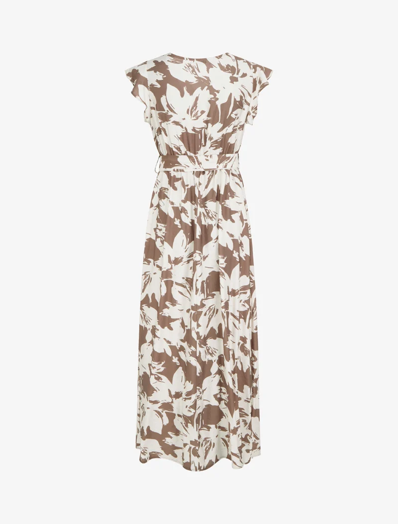 Langes Kleid mit tropischem Blumenmuster und kurzen Ärmeln - Braun