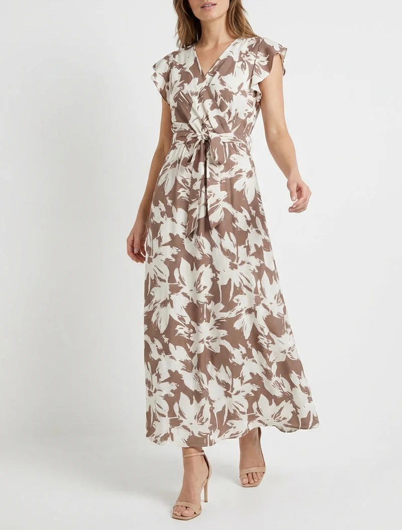 Langes Kleid mit tropischem Blumenmuster und kurzen Ärmeln - Braun