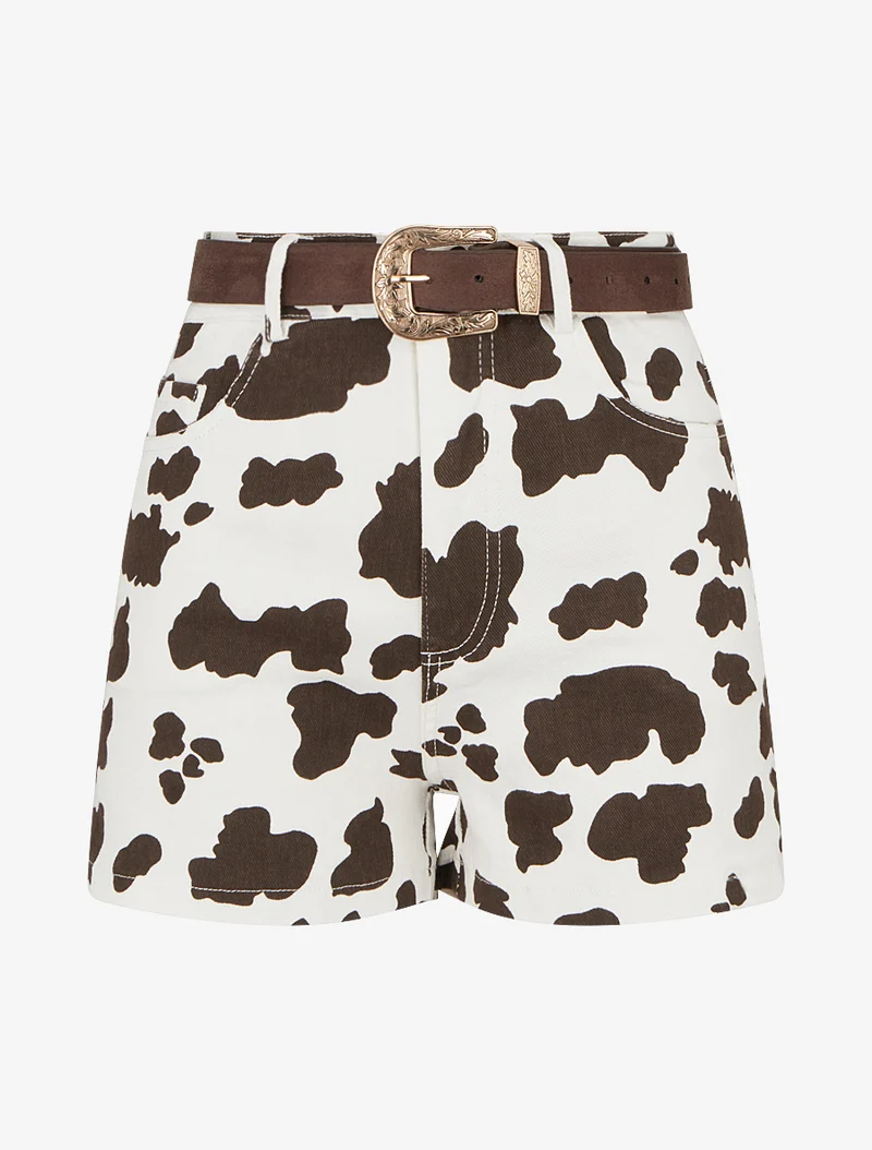 Kurz geschnittener High-Waist-Shorts mit Kuhmuster - Dunkelbraun
