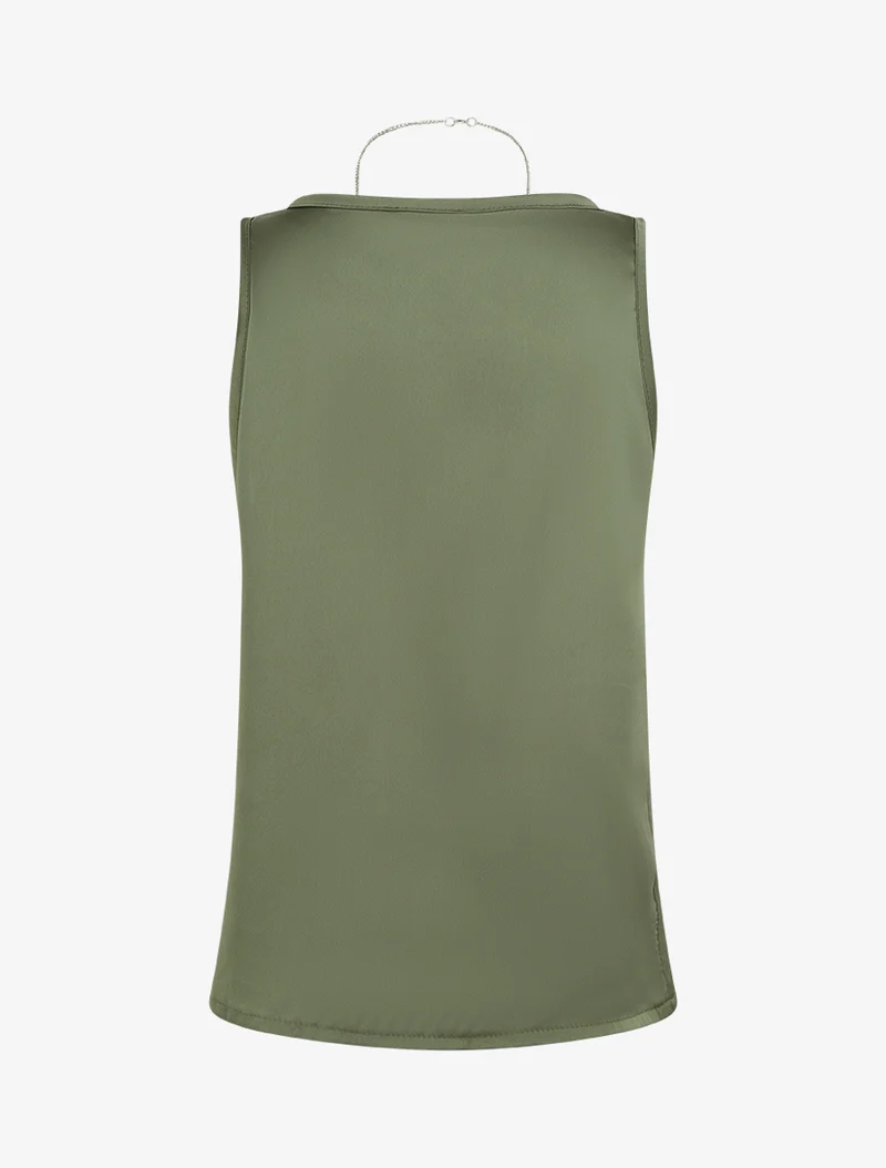 Ärmelloses Satin-Top mit Schmuckkragen - Kaki