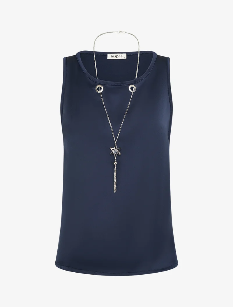 Ärmelloses Satin-Top mit Schmuckkragen - Marine
