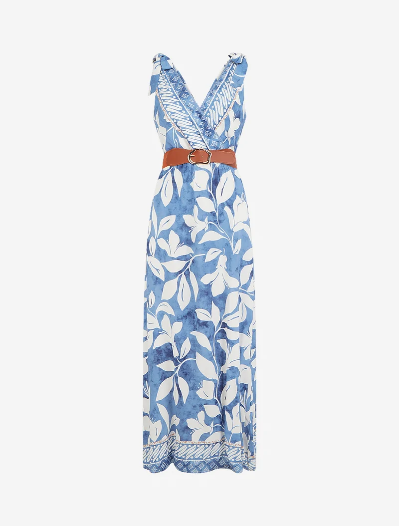 Kleid mit tropischem Blumenprint und Bindeträgern. - Hellblau