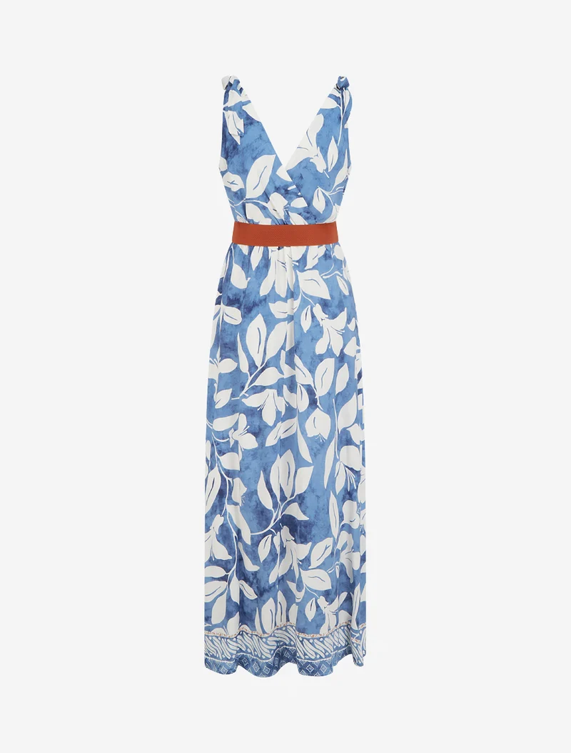 Kleid mit tropischem Blumenprint und Bindeträgern. - Hellblau