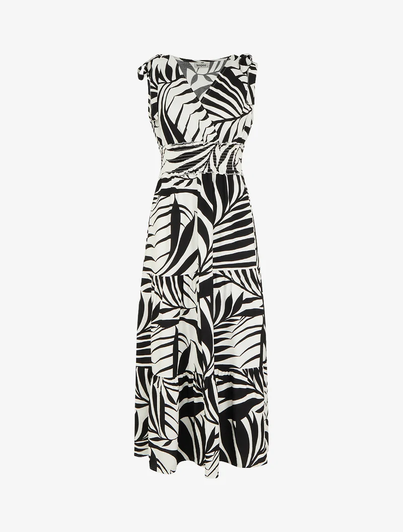 Kleid mit Blätterdruck und Knotenträgern - Schwarz