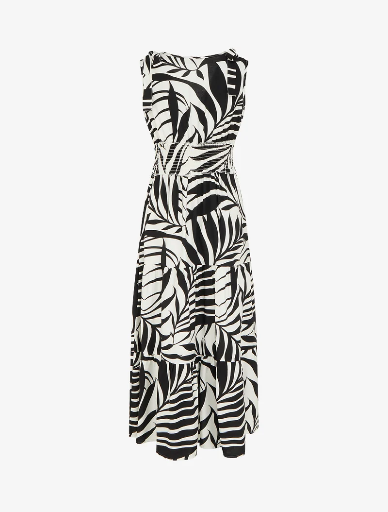 Kleid mit Blätterdruck und Knotenträgern - Schwarz