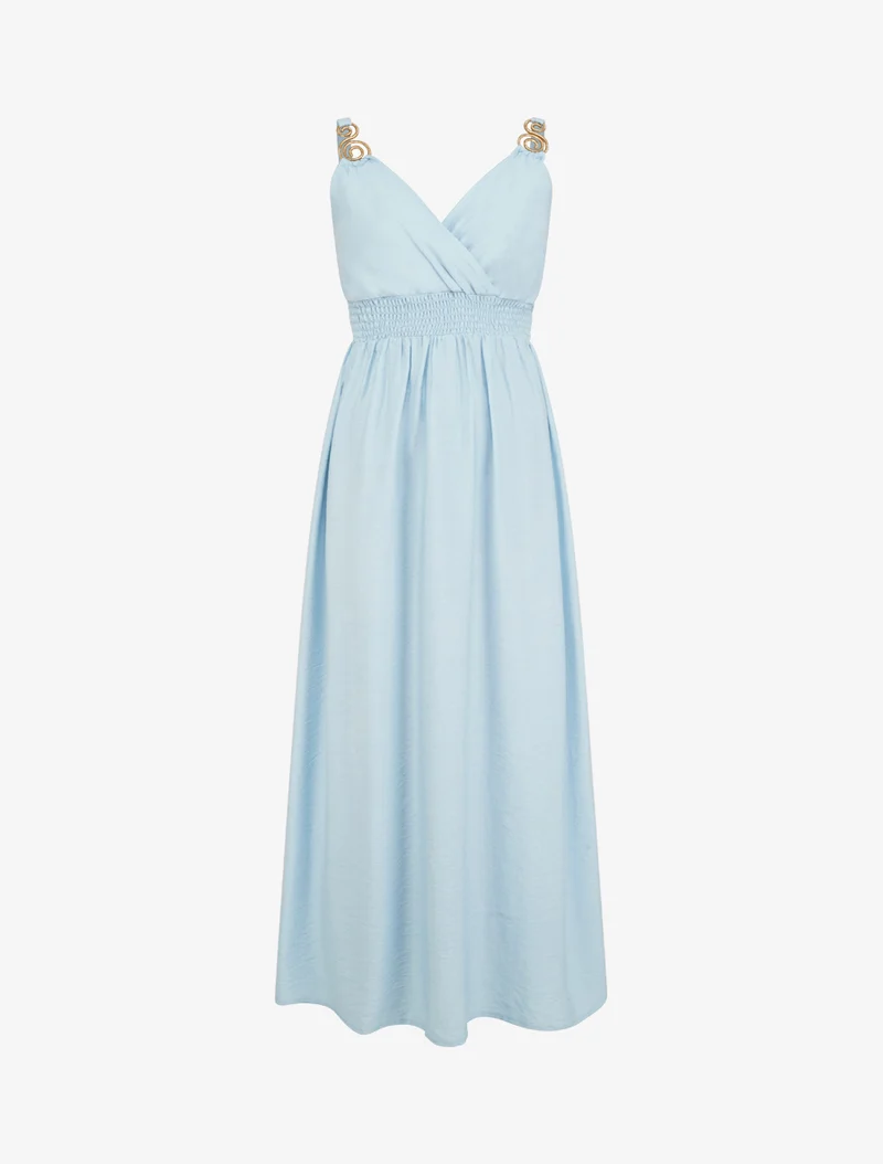 Langes Kleid mit Schmuckträgern - Himmelblau