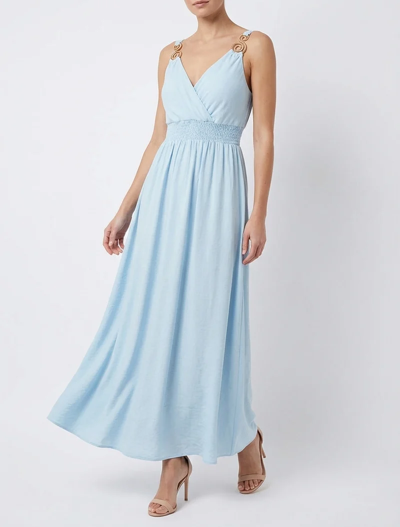 Langes Kleid mit Schmuckträgern - Himmelblau
