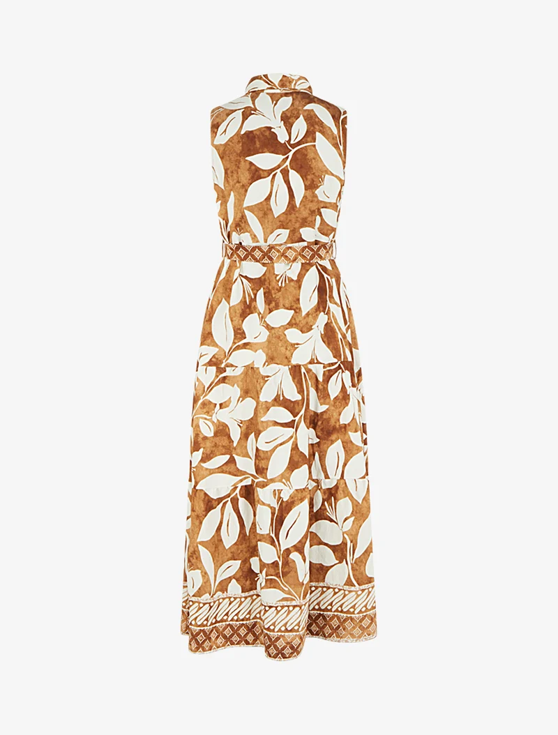 Hemdblusenkleid mit tropischem Blumenmuster - Kamel