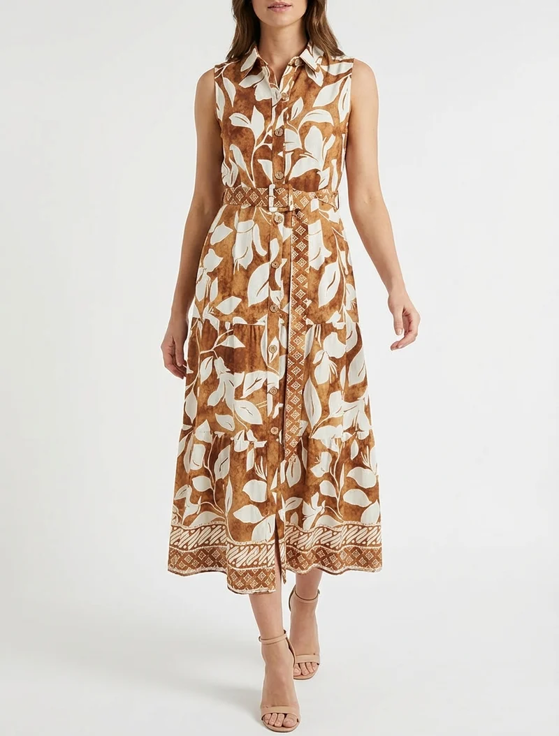 Hemdblusenkleid mit tropischem Blumenmuster - Kamel