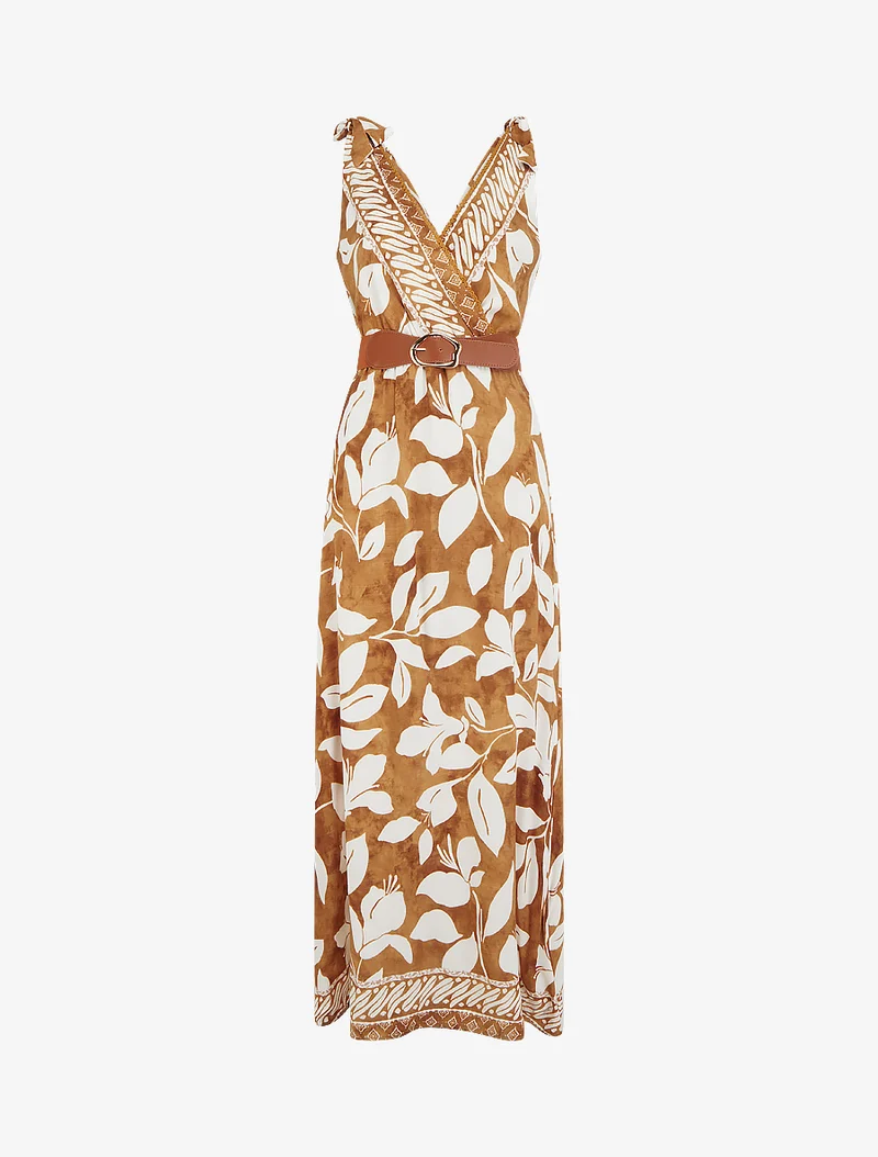 Kleid mit tropischem Blumenprint und Bindeträgern. - Kamel
