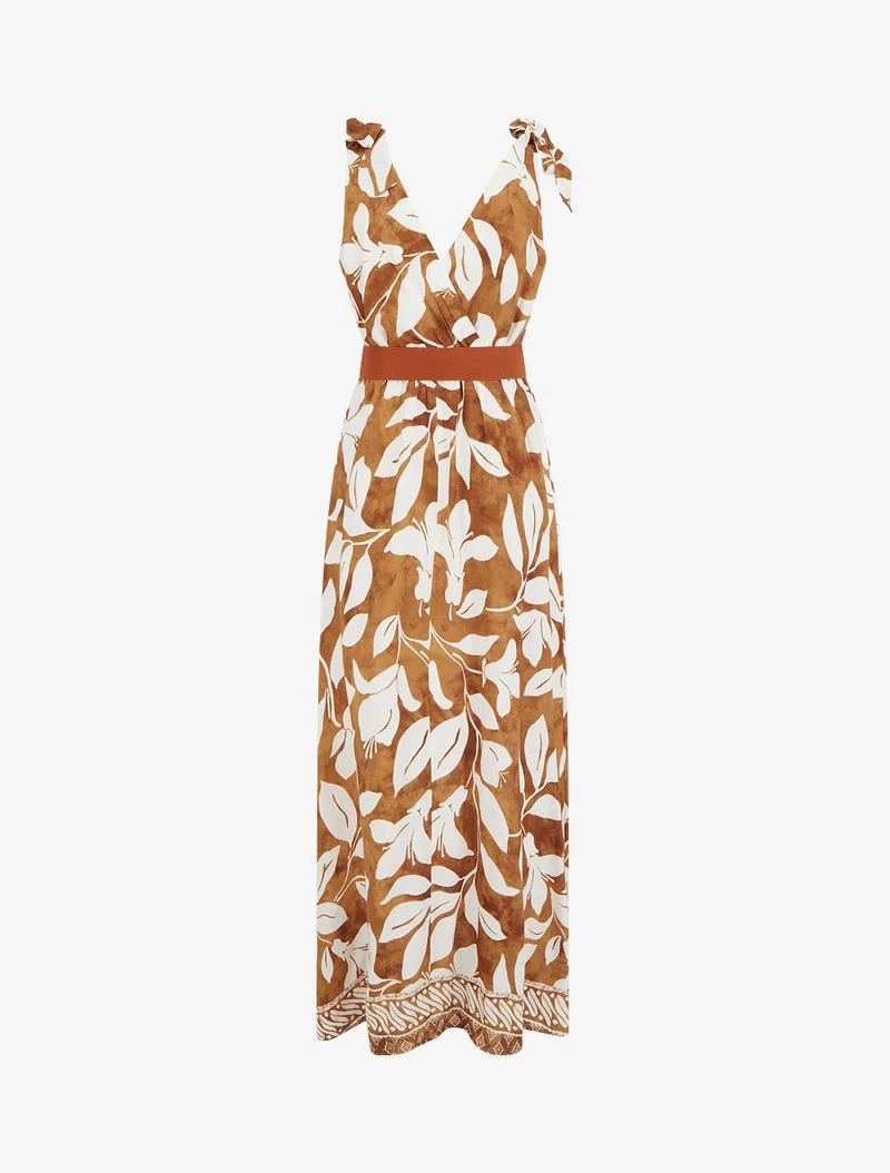 Kleid mit tropischem Blumenprint und Bindeträgern. - Kamel