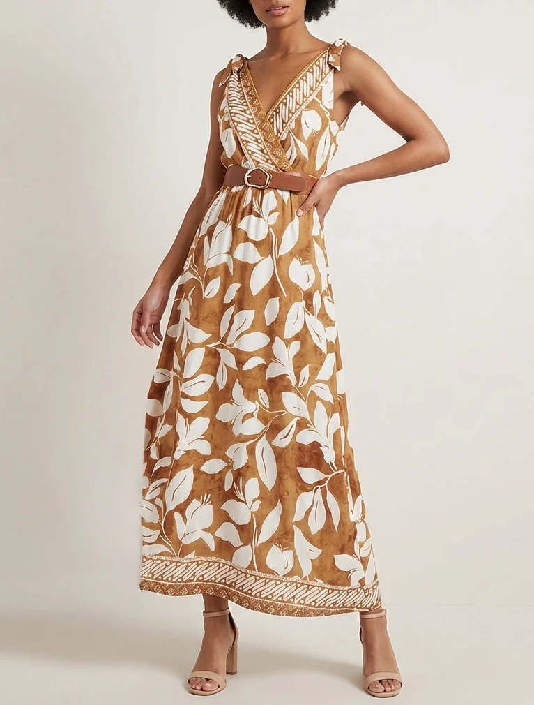 Kleid mit tropischem Blumenprint und Bindeträgern. - Kamel