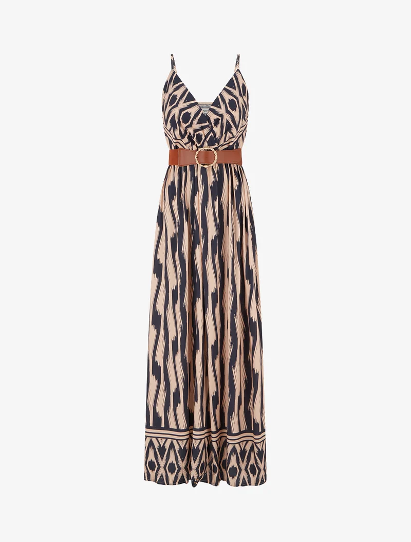 Kleid mit elastischer Taille und Fantasiemuster - Marine
