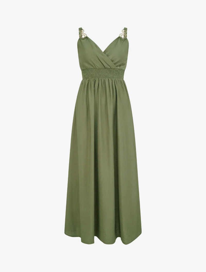 Langes Kleid mit Schmuckträgern - Kaki