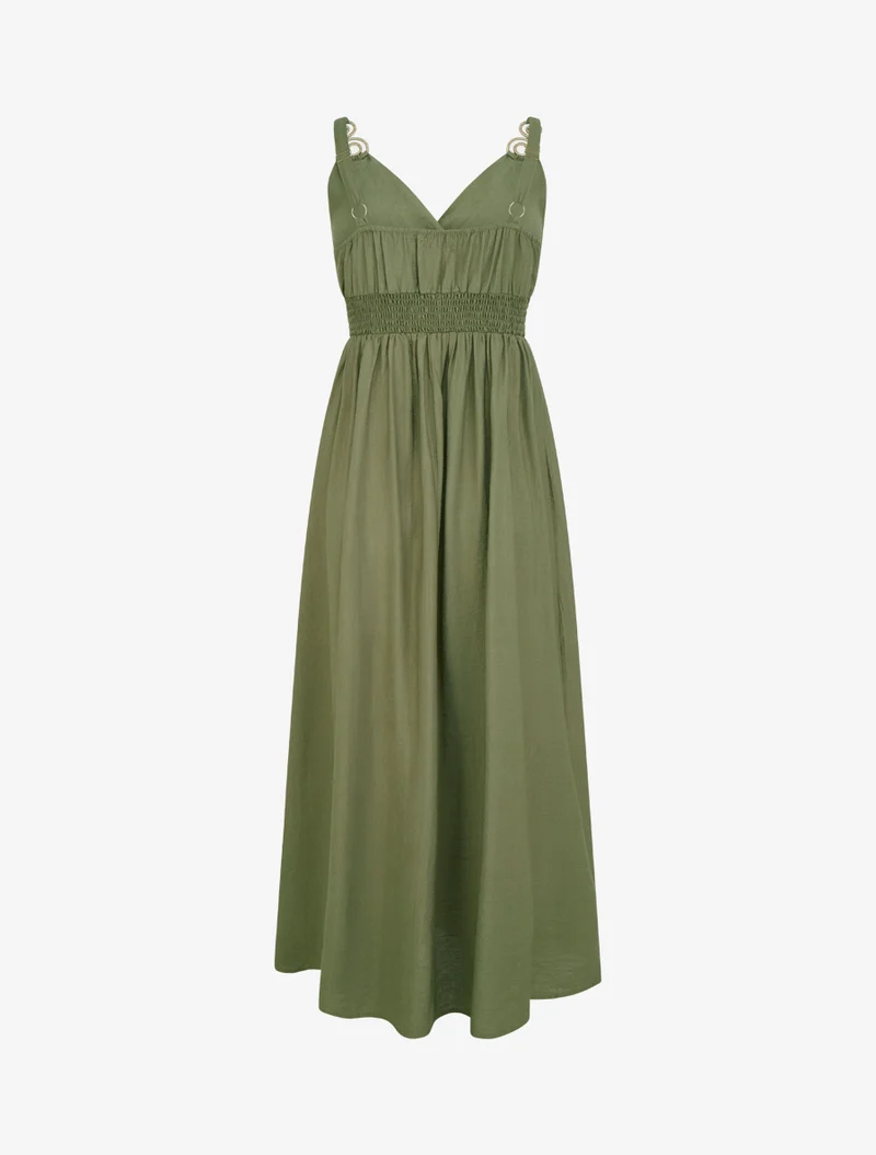 Langes Kleid mit Schmuckträgern - Kaki