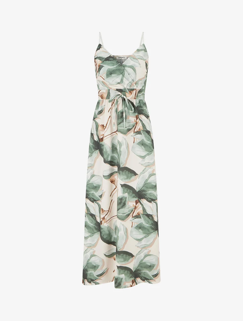 Langes Kleid mit elastischem Rücken und Blumenmuster - Kaki