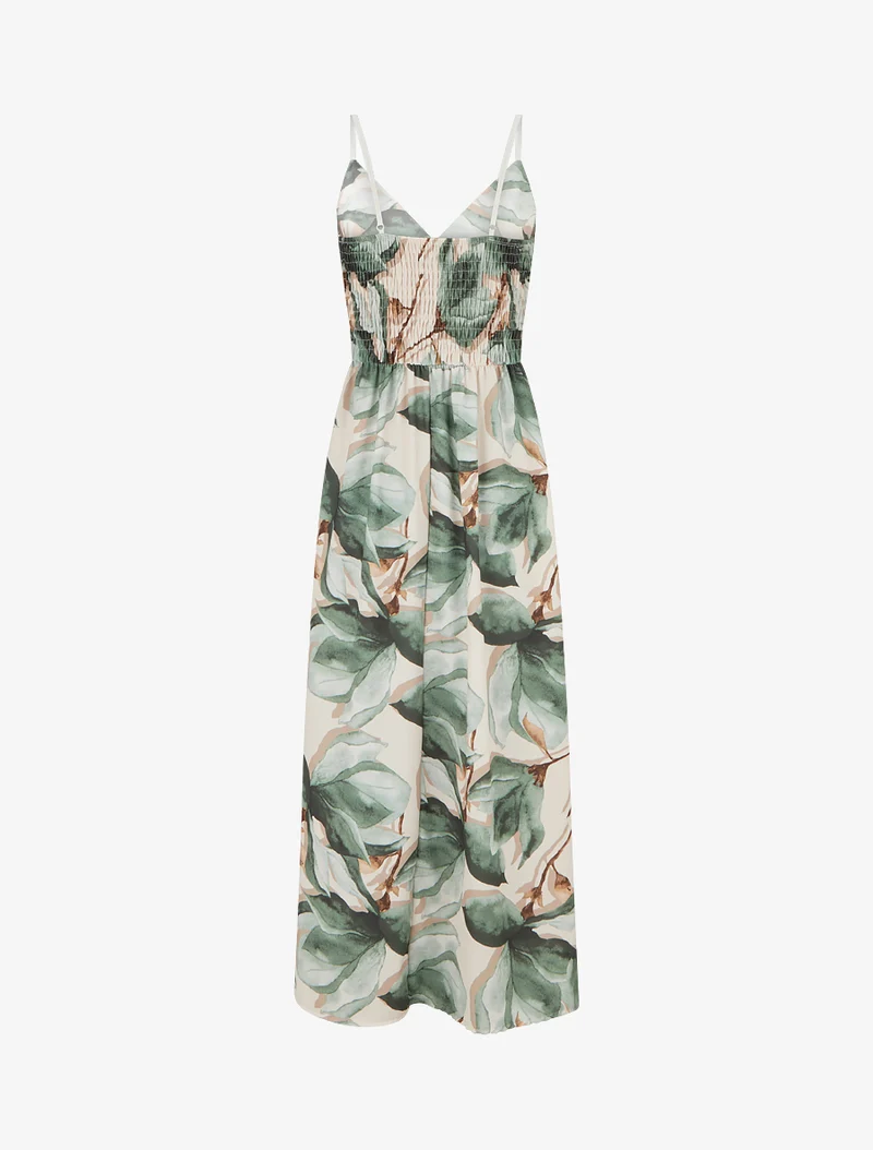 Langes Kleid mit elastischem Rücken und Blumenmuster - Kaki