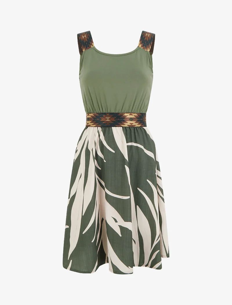 Grafisches Printkleid mit elastischer, dekorativer Taille - Kaki