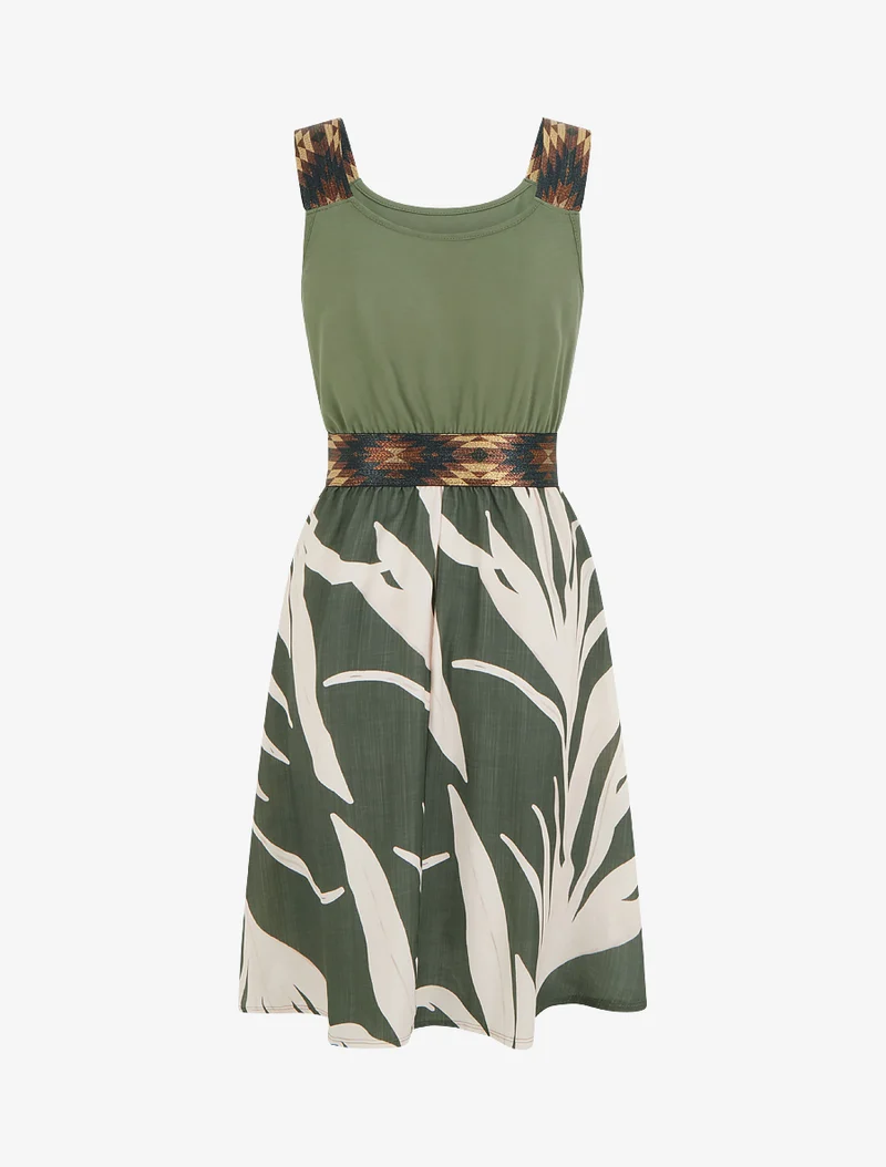 Grafisches Printkleid mit elastischer, dekorativer Taille - Kaki