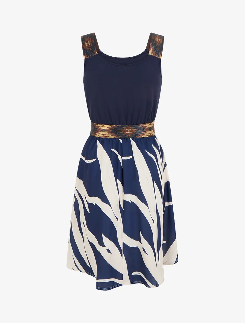 Grafisches Printkleid mit elastischer, dekorativer Taille - Marine