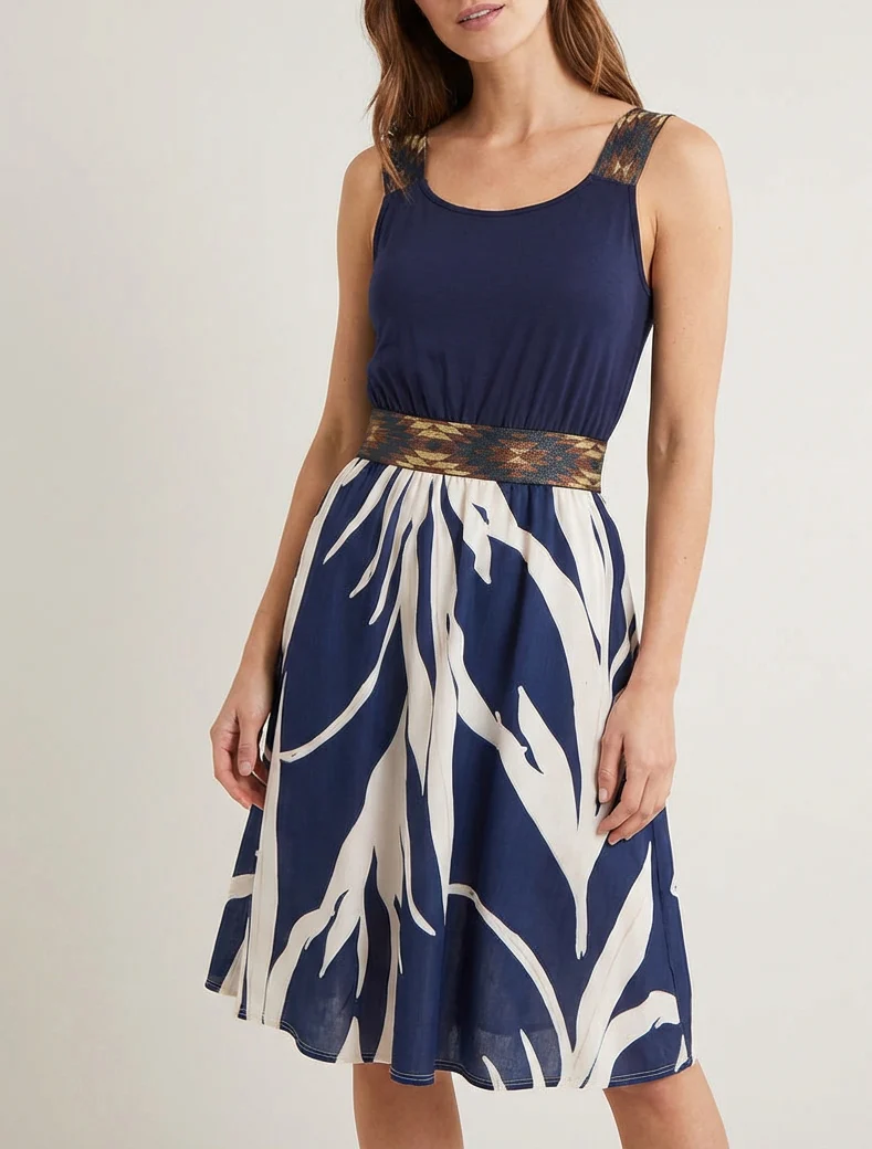 Grafisches Printkleid mit elastischer, dekorativer Taille - Marine