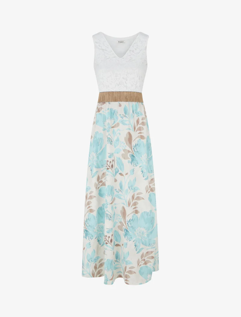 Langes Kleid mit Spitze und Blumenmuster - Wassergrün
