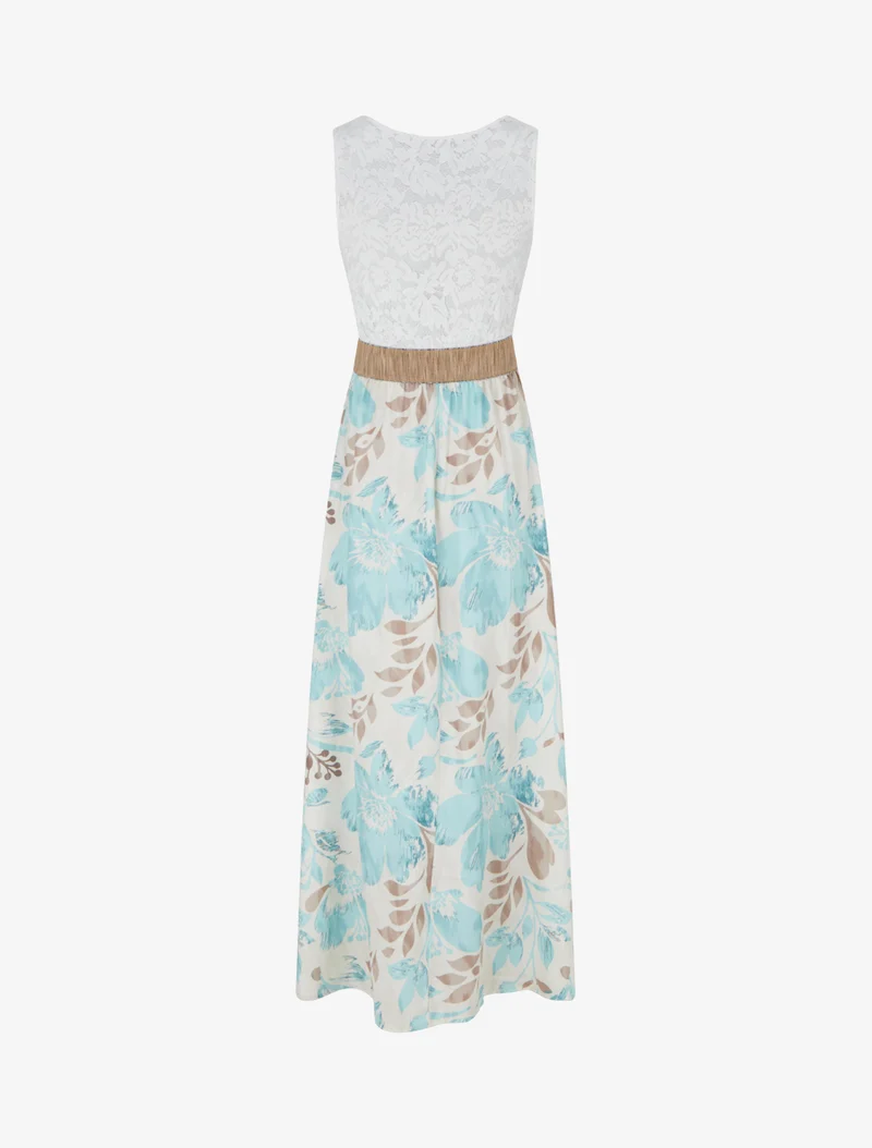 Langes Kleid mit Spitze und Blumenmuster - Wassergrün