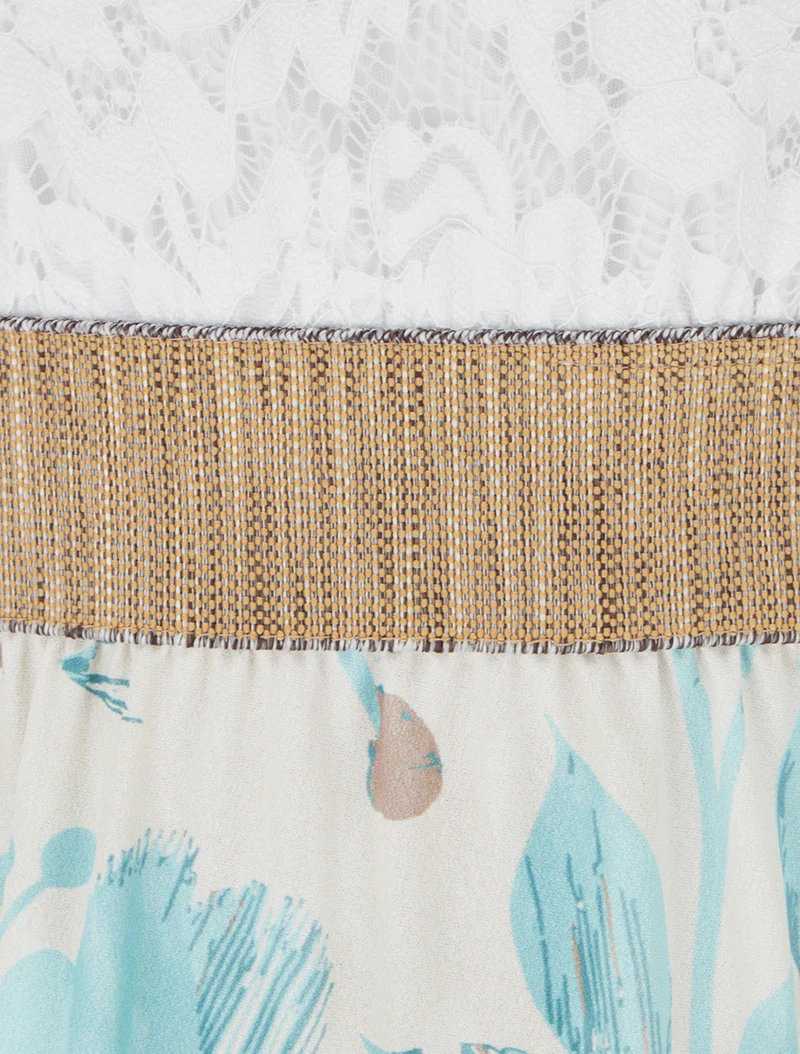 Langes Kleid mit Spitze und Blumenmuster - Wassergrün