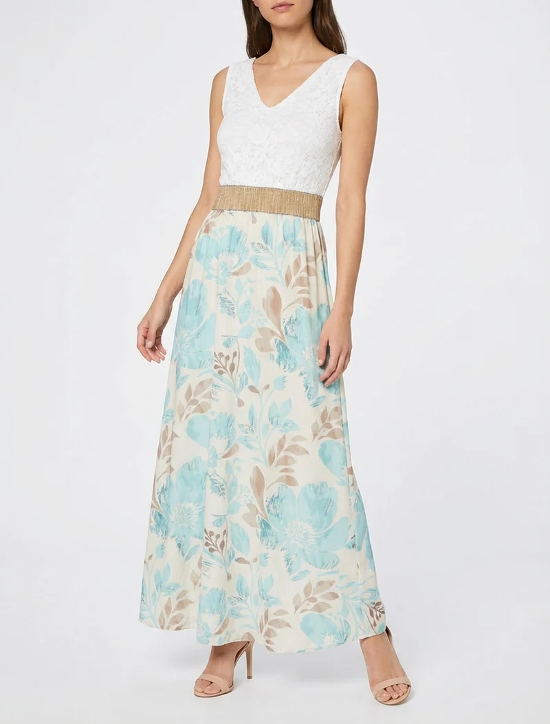 Langes Kleid mit Spitze und Blumenmuster - Wassergrün