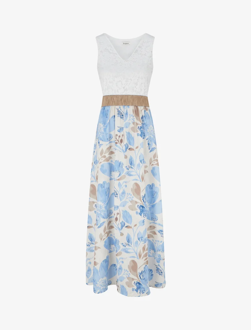 Langes Kleid mit Spitze und Blumenmuster - Himmelblau