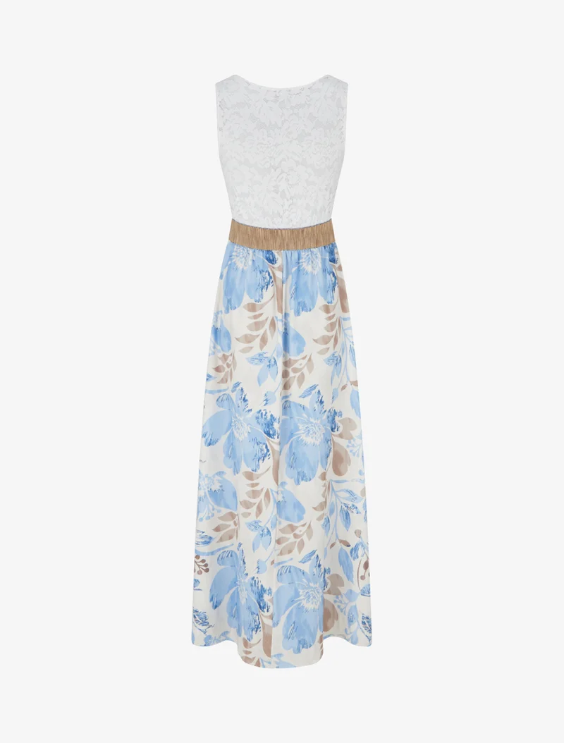 Langes Kleid mit Spitze und Blumenmuster - Himmelblau