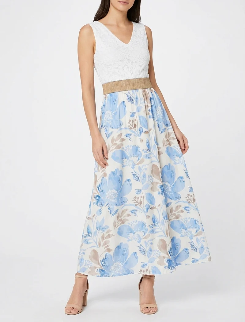 Langes Kleid mit Spitze und Blumenmuster - Himmelblau