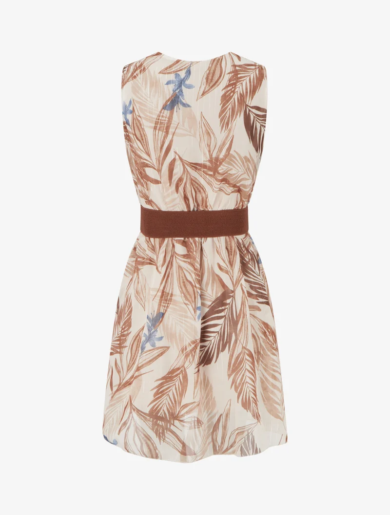 Kleid mit irisierendem Streifen- und Blattdruck - Kamel