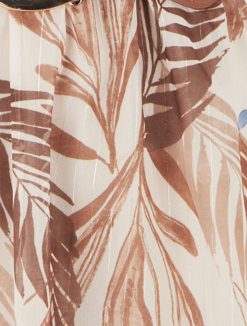 Kleid mit irisierendem Streifen- und Blattdruck - Kamel