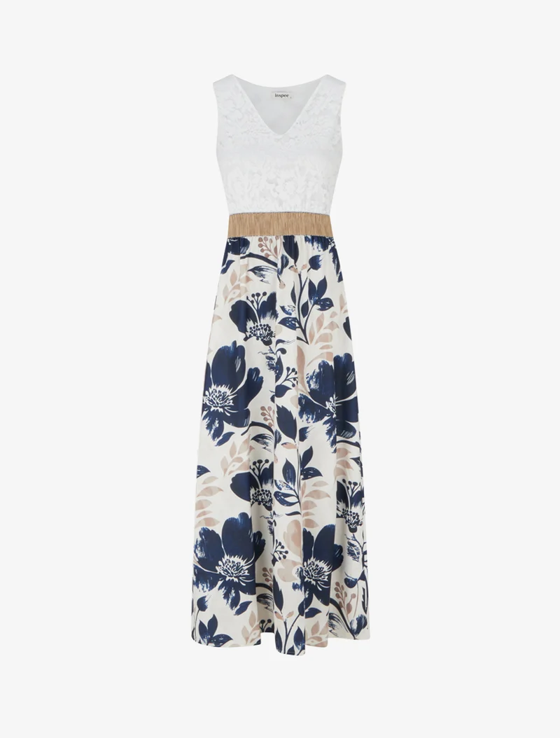 Langes Kleid mit Spitze und Blumenmuster - Marine