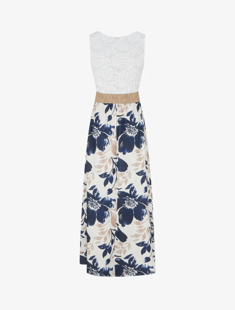 Langes Kleid mit Spitze und Blumenmuster - Marine