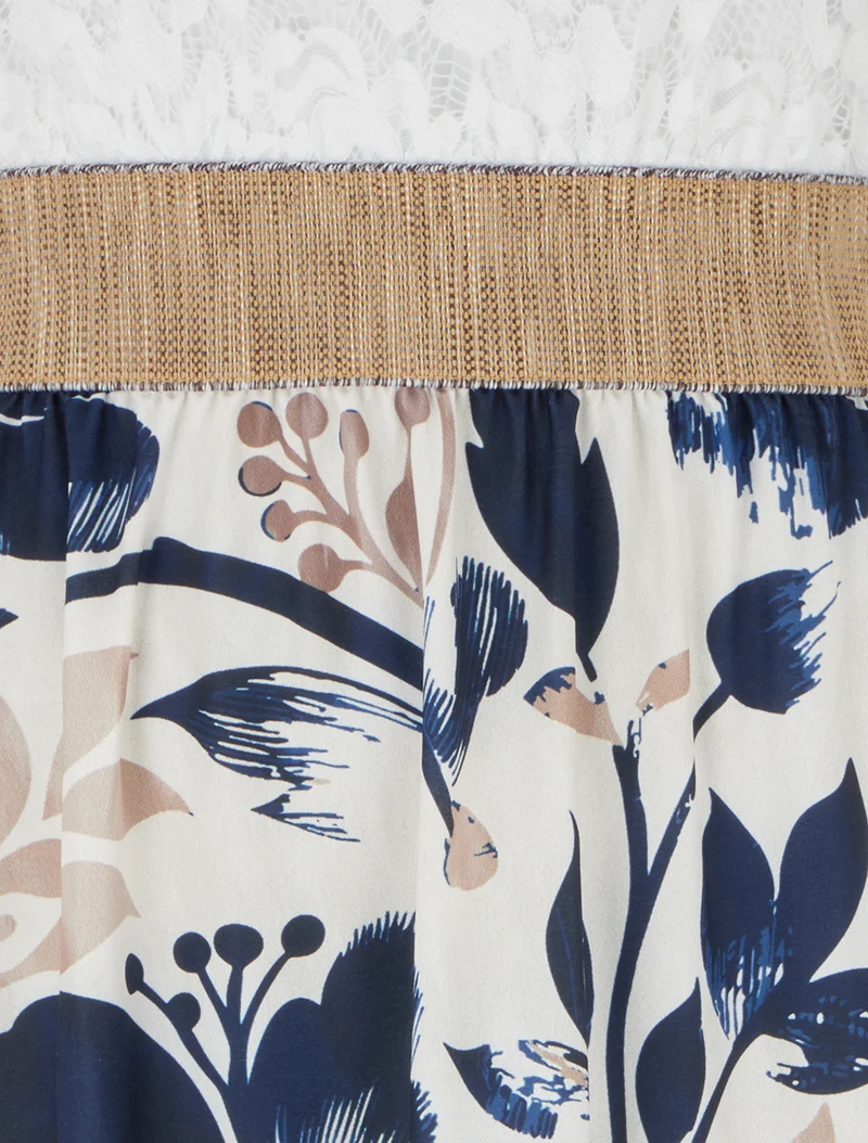 Langes Kleid mit Spitze und Blumenmuster - Marine