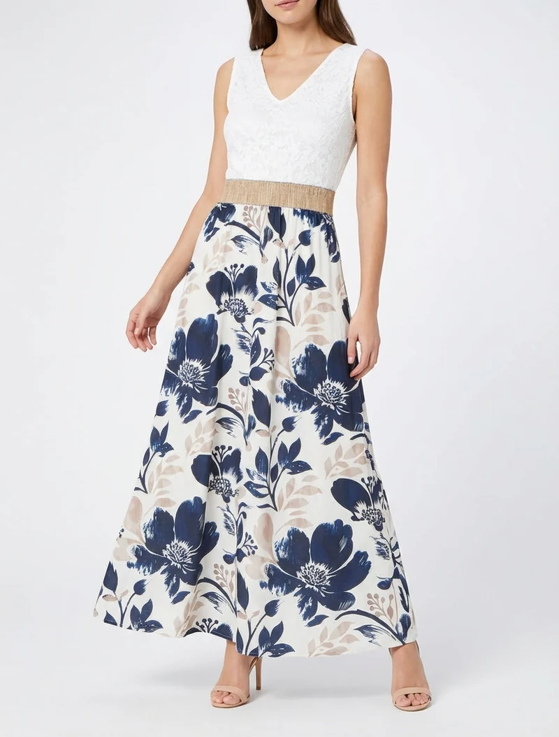 Langes Kleid mit Spitze und Blumenmuster - Marine