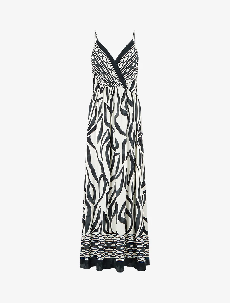 Elastisches langes Kleid mit Fantasiemuster - Schwarz