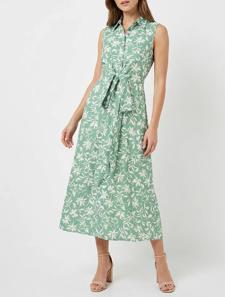 Ärmelloses geblümtes Kleid mit Schleife - Grün