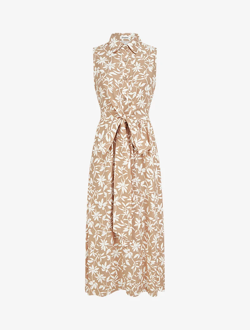 Ärmelloses geblümtes Kleid mit Schleife - Beige