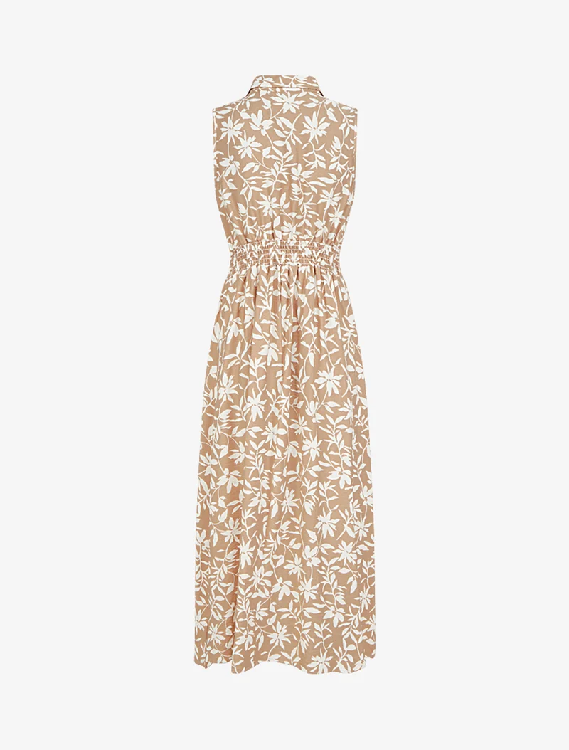 Ärmelloses geblümtes Kleid mit Schleife - Beige