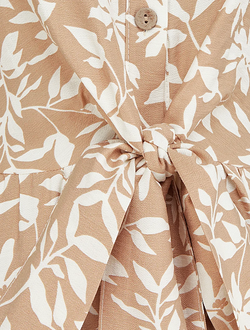 Ärmelloses geblümtes Kleid mit Schleife - Beige