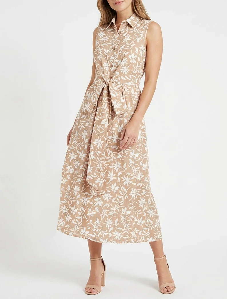 Ärmelloses geblümtes Kleid mit Schleife - Beige