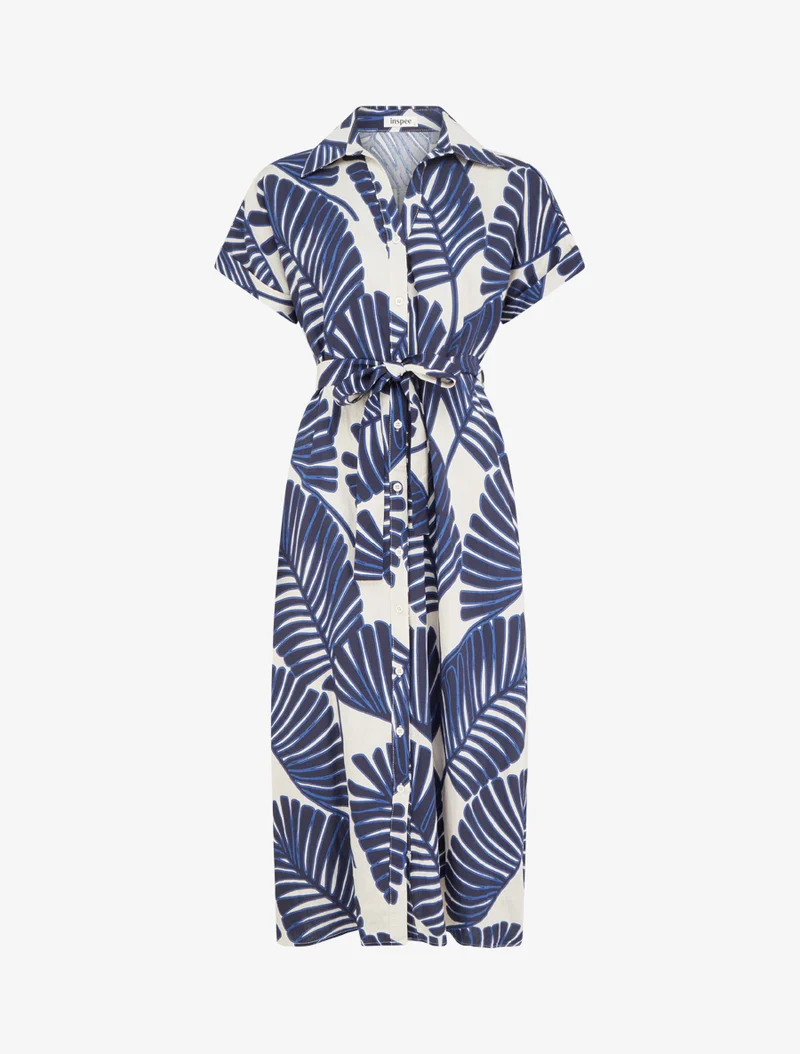 Tropisches Hemdkleid mit kurzen Ärmeln - Blau