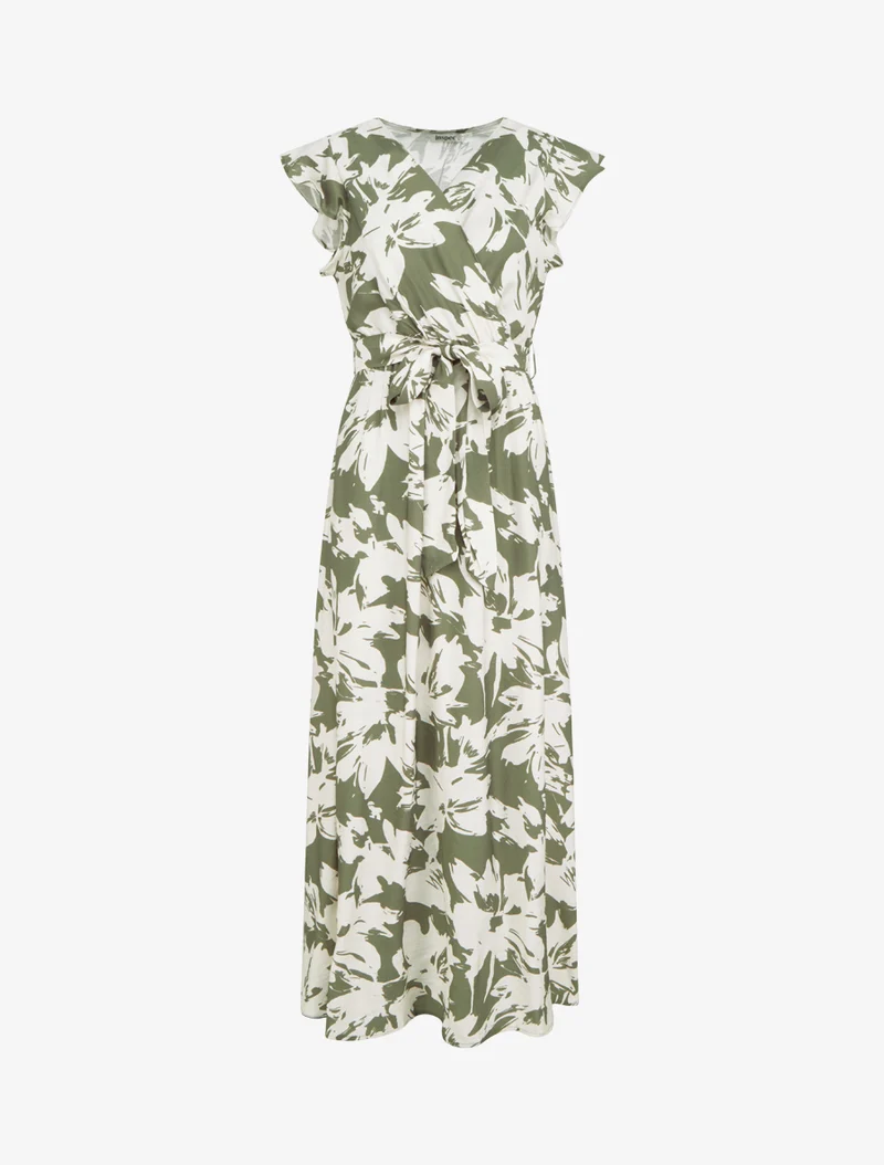 Langes Kleid mit tropischem Blumenmuster und kurzen Ärmeln - Kaki