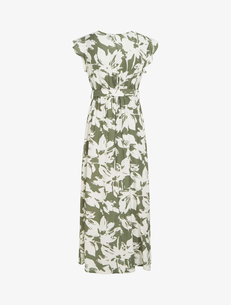 Langes Kleid mit tropischem Blumenmuster und kurzen Ärmeln - Kaki