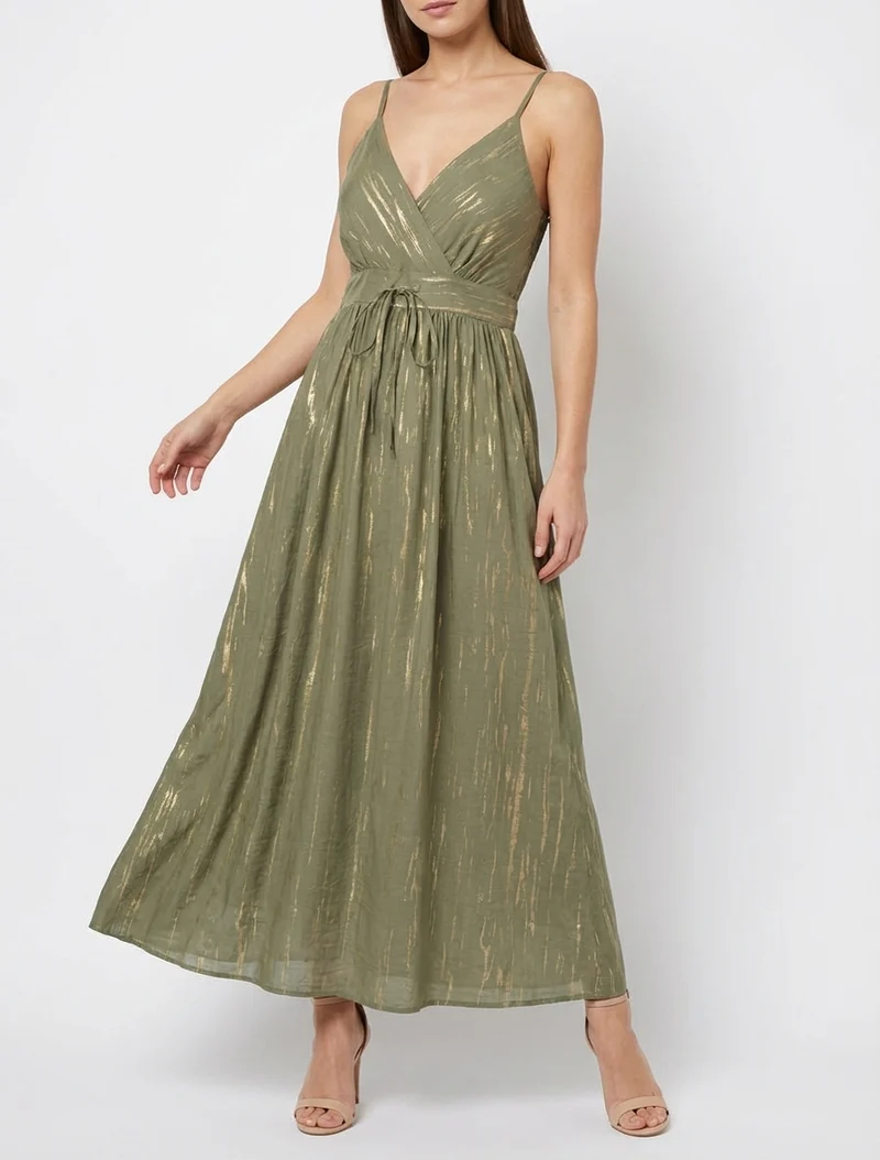 Einfarbiges elastisches Kleid mit schimmerndem Detail - Kaki