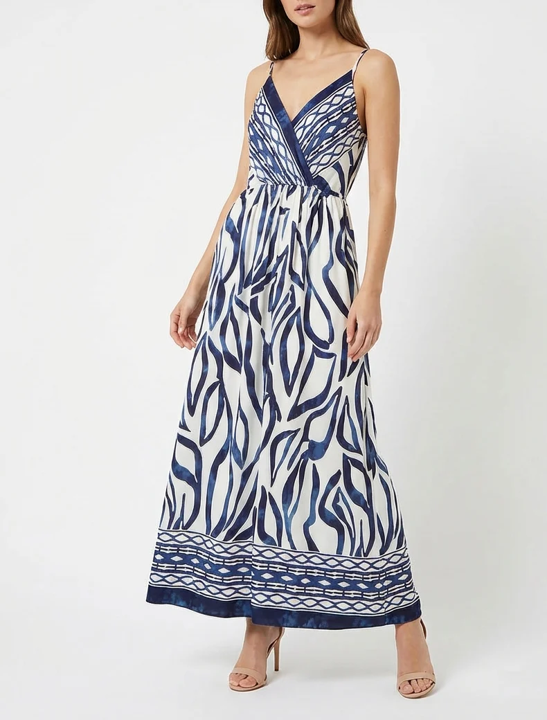 Elastisches langes Kleid mit Fantasiemuster - Marine